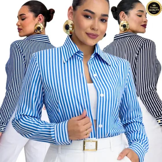 Camisa Feminina Listrada Básica Elegante em Crepinho – M a G1