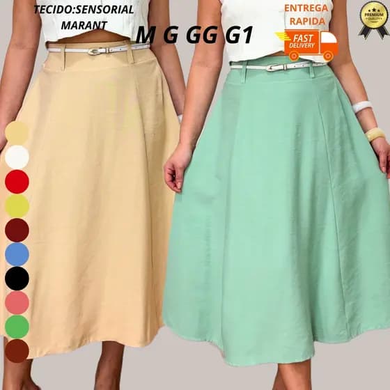 Saia Feminina Elegante Midi Cintura Alta Tecido Premium M G GG G1 G2 G3