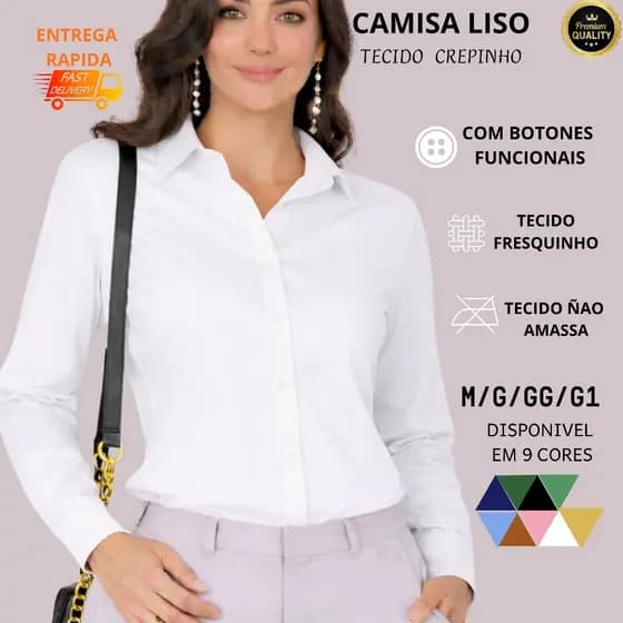 Camisa Lisa Femenina Elegante Tecido Crepinho M G GG G1