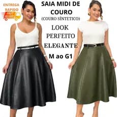 Saia Couro Feminina Sintético Moderna Cintura Alta Look Fashion M ao G1