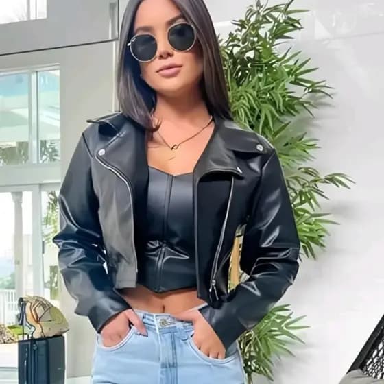 Jaqueta de couro feminina jaqueta moda jaqueta preta com ziper couro ecologico fake  de frio casaco