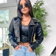 Jaqueta de couro feminina jaqueta moda jaqueta preta com ziper couro ecologico fake  de frio casaco