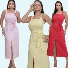 Vestido Feminino Midí Com Fenda No Meio Vestido Longo Blusa Feminina Com Bolho Conjunto Alfaiataria
