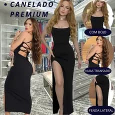 Vestido Longo Feminino  Canelado Fenda Lateral  Alças Cruzadas Costas Ajustável Vestido Elegante