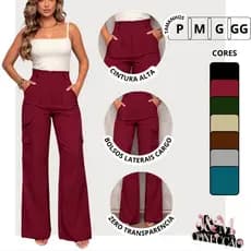 Calça Feminina Alfaiataria Cargo  Elegante Cintura Alta Pantalona Social Com Bolsos Moda Feminina