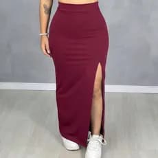Saia Longa Feminina  Canelado Com fenda Cintura Alta Confortavel Elegante Dia a Dia Saia Feminina