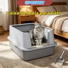 Caixa de areia para gatos em aço inoxidável, grande capacidade, borda alta, banheiro para pets, acompanha uma pá