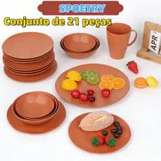 Conjunto de 21 peças de louça em palha de trigo  9 tigelas + 6 copos + 6 pratos  Durável, ecológico e reutilizável