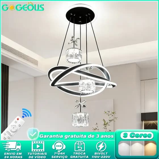 3 Cores Lustre de Teto LED Bivolt 110V-220V com Controle Remoto Moderno de Cristal para Sala Jantar Quarto