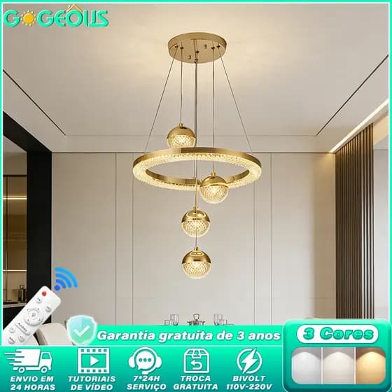 3 Cores 110V-220V Lustre para Sala de Jantar e Quarto Moderno de Cristal/Acrílico com Controle Remoto 3 Cores Bivolt 6