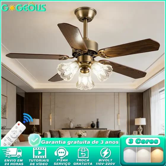 Ventilador de Teto com Luz 110V-220V 42/48 Polegadas Motor CC Reversível Silencioso LED 3 Cores com Controle Remoto