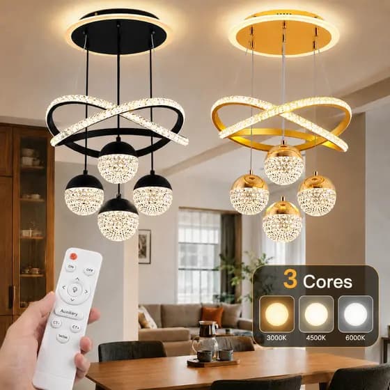 Lustre Moderno para Sala de Jantar e Quarto Cristal/Acrílico Bivolt 110V-220V LED 3 Cores com Controle Remoto