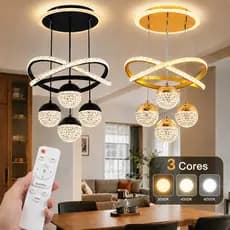Lustre Moderno para Sala de Jantar e Quarto Cristal/Acrílico Bivolt 110V-220V LED 3 Cores com Controle Remoto