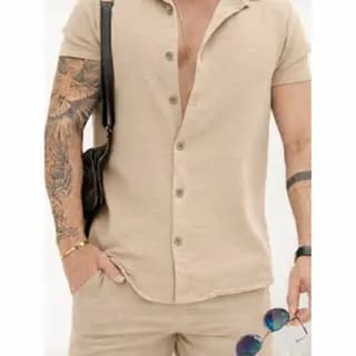 Camisa Social Masculina Manga Curta Slim Casual Elegante Tecido Duna Premium Leve Confortável Verão