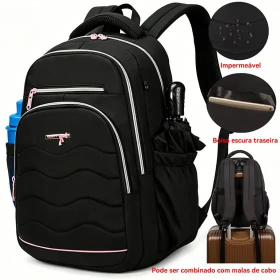 Mochila resistente à água e reforçada para estudantes femininas