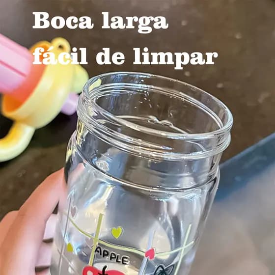 Copo de vidro 580ml com alça grande, tampa em PP e infusor, estampa gatinho fofo copo com canudo