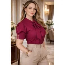 Blusa Feminina Elegante com Laço Social Manga Curta Moda Executiva Camisa Feminina para Trabalho
