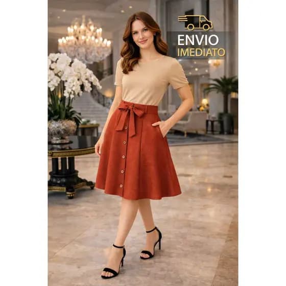 Saia Midi Feminina Evasê com Botões e Laço – Cintura Alta Elegante com Bolsos, Moda Evangélica Casual