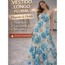 Vestido Longo Floral Feminino Elegante Verão Rodado Alça Ajustável OU tomara que caia Leve Festa Casual