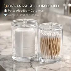 Porta Algodão Cotonete Duplo Organizador Acrílico Tampa Bambu Discos Maquiagem Design Moderno