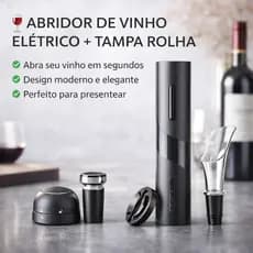 Kit Abridor de Vinho A Vacuo Elétrico + Tampa Rolha Champange Pressao Saca Rolhas Automático 4 Peças