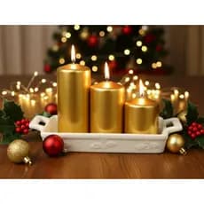 Kit Trio de Velas Redondas Natalinas – Dourado e Vermelho - Brilho e Sofisticação. NATAL