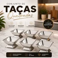 Conjunto Taça Quadrada com pé, Inox 6 Unidades Sobremesa Kit Cozinha Ideal Doce Alimento Tijela Qualidade Aço Inoxidável
