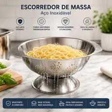 Escorredor de Massa Inox Aço Inoxidável Cozinha Resistente Prático Durável Multiuso para Macarrão Legumes e Alimentos
