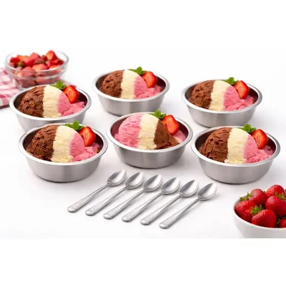 Conjunto de Sobremesa Premium – 6 Tigelas em Inox + 6 Colheres para Servir sorvete, mousse, frutas...