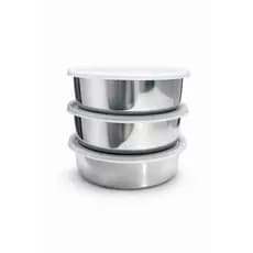Conjunto de 3 Potes Redondos da Mesma Medida em Inox com Tampa – Ideal para Saladas, Frutas e Conservação de Alimentos