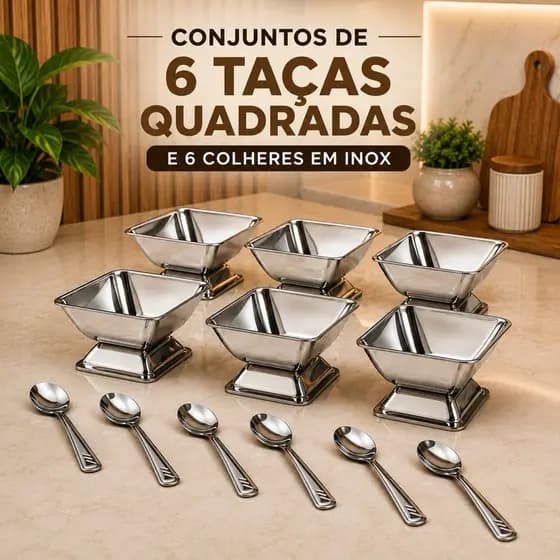 Kit 6 Taças de Sobremesa Inox com Colheres – Bowl Quadrado Premium para Sorvete, Mousse, Brigadeiro e Açaí