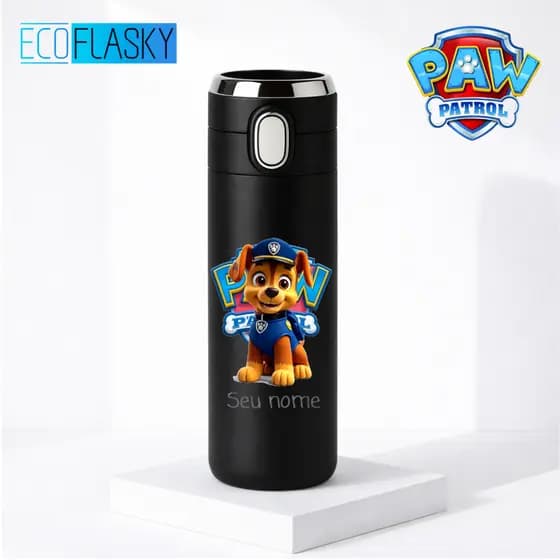 Garrafa Térmica Infantil Aço Inox Chase Patrulha Canina Estampada Termometro LED Digital Temperatura 420ml