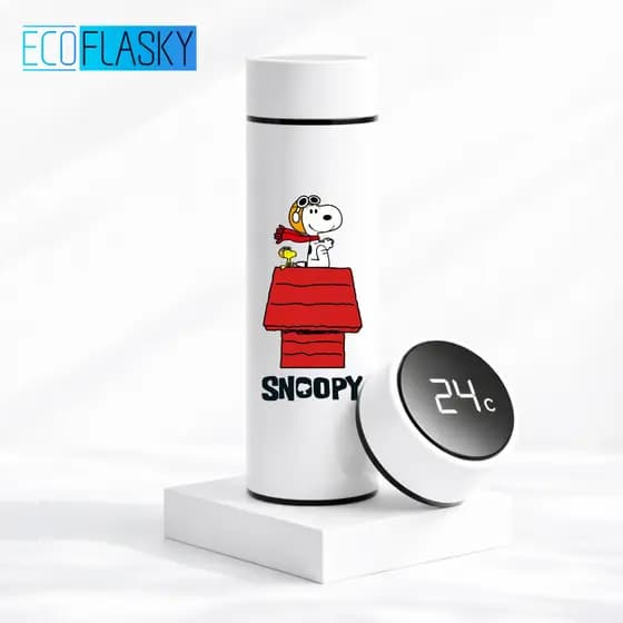 Garrafa Térmica de Água Infantil de Aço Inox Snoopy com Termometro LED Digital Estampada 500ml