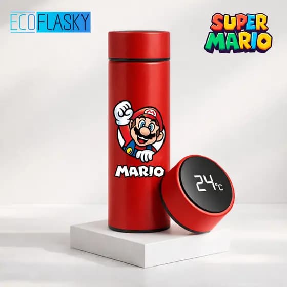 Garrafa Térmica de Água Aço Inoxidável Super Mario Bros Termometro LED Digital Jogo Anime 500ml