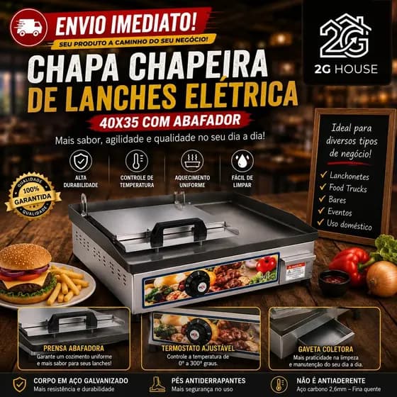 Chapa Chapeira Elétrica Profissional 40x35 com Abafador e Gaveta Coletora
