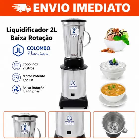 Liquidificador Industrial 2 Litros Baixa Rotação Aço Inox Bivolt