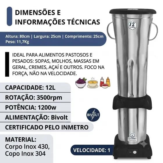 Liquidificador De Baixa Rotação Profissional 12l Açaí Sopas Bivolt