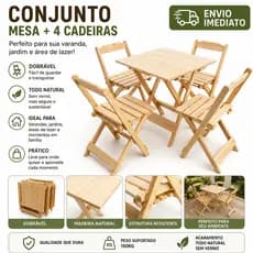 Jogo Conjunto Mesa Madeira Montada Dobrável com 4 Cadeiras Bar Resturante Lazer
