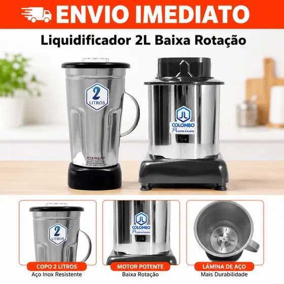 Liquidificador Industrial 2L Baixa Rotação Aço Inox Bivolt 700W JL Colombo Premium