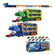 Brinquedo Caminhão Dinossauro Com Pista 1,4m E 12 Carrinhos