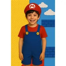 FANTASIA INFANTIL CONJUNTO SUPER MARIO BROS CURTA COM CHÁPEU MENINOS FESTAS ANIVERSÁRIOS CARNAVAL