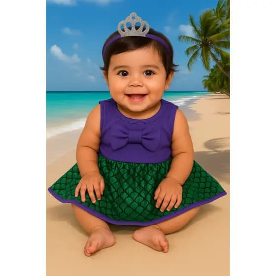 BODY FANTASIA TEMATICO LUXO INFANTIL BEBÊ PRINCESA SEREIA COM COROA MENINAS MESVERÁRIOS FESTAS CARNAVAL KIT