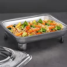 Travessa Servir Rechaud  Leve Inox 2.5 Litros Tampa E Com Pé Buffet Mesa