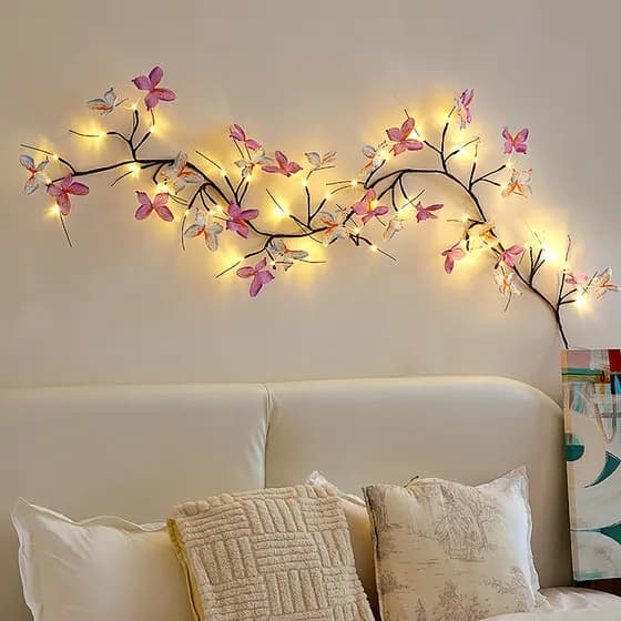 Lâmpada de Rattan em Forma de LED Flexível Borboleta Flor Folhas Decoração Interna Arranjo de Parede Luz de Atmosfera Ro