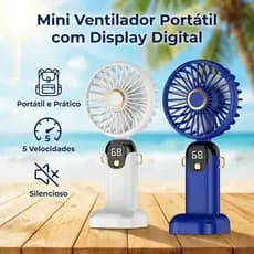 Ventilador Portátil 5 em 1: 5 Velocidades, Type-C, Suporte p/ Celular, Modo Vestível/Mesa