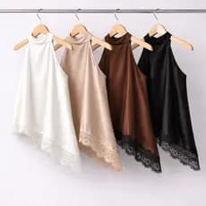 Blusa CETIM Feminina Gola Alta Assimétrica Frente Única Com RENDA Bata Elegante Tendência
