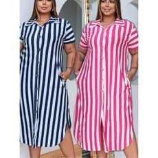 Vestido Chemise Plus Size Listrado em Viscolycra - Botões, Bolsos e Caimento Soltinho - G1, G2, G3