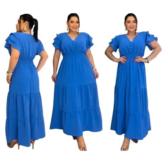 Vestido Plus Size Feminino Longo Duna Pipoca Luxo – Manga Babado, 3 Marias, Botões Forrados, Moda Festa e Casual