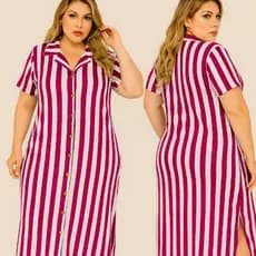 Vestido  Midi Feminino Listrado Soltinho Plus Size  Manga Curta Verão Elegante para Festas e Eventos