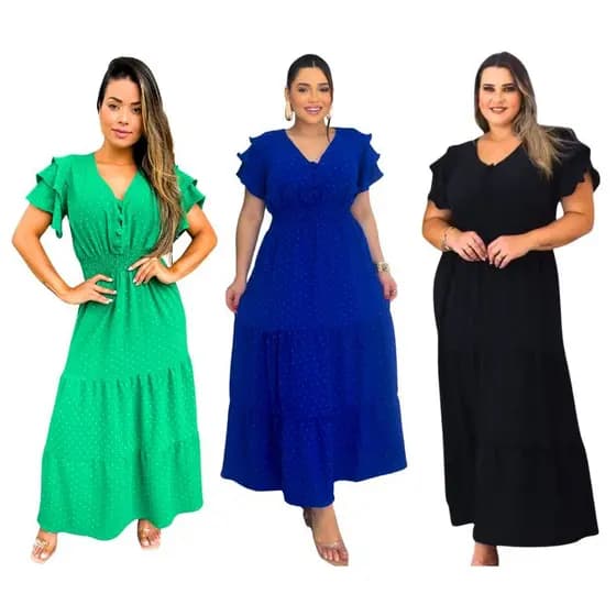 Vestido Longo Plus Size Feminino Duna Pipoca Social – Manga Curta Babado, Moda Evangélica, Ideal para Igreja e Eventos